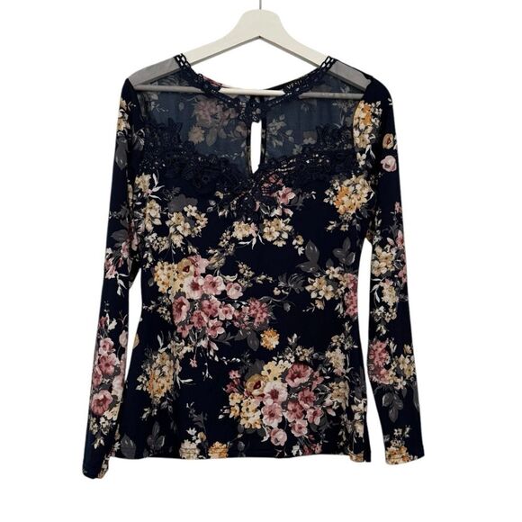 Venus Navy Floral Lace Mesh Yoke Long Sleeve Top - Picture 1 of 7